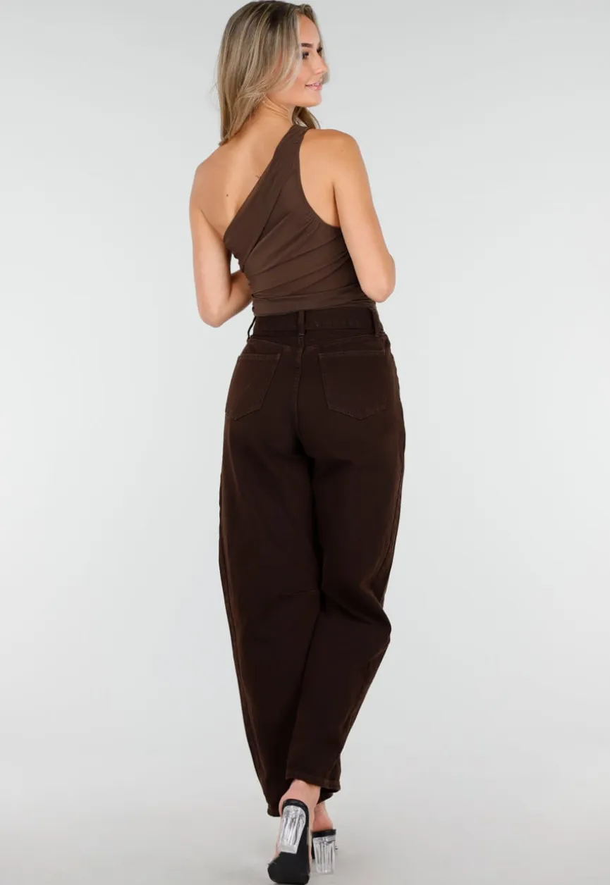 Donkerbruine One Shoulder Body met Drapering in Mesh Stretch