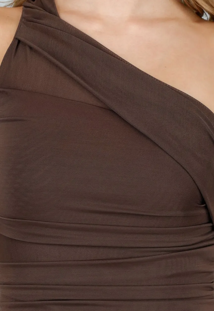 Donkerbruine One Shoulder Body met Drapering in Mesh Stretch