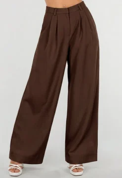 Donkerbruine Petite Pantalon met Wijde Pijpen en Plooien
