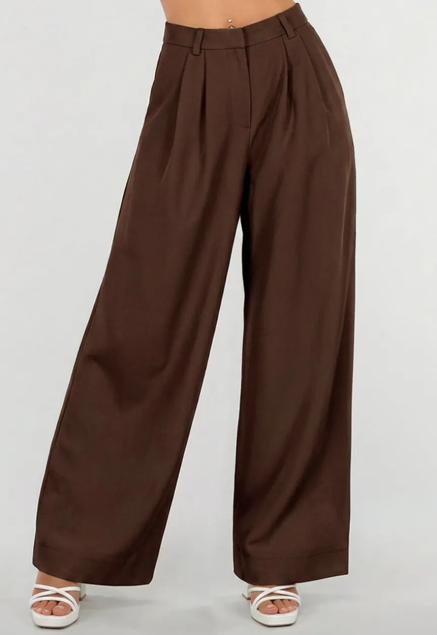 Donkerbruine Petite Pantalon met Wijde Pijpen en Plooien