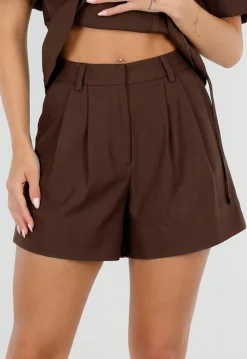 Donkerbruine Plooi Short met Elastische Tailleband