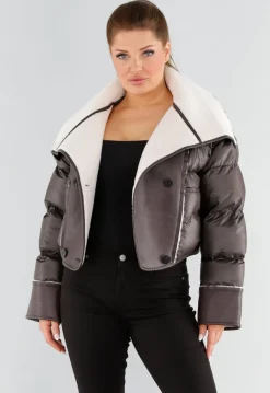 Donkerbruine Pufferjas met Witte Sherpa Kraag