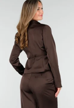 Donkerbruine Satijnlook Wrap Blazer met Striksluiting