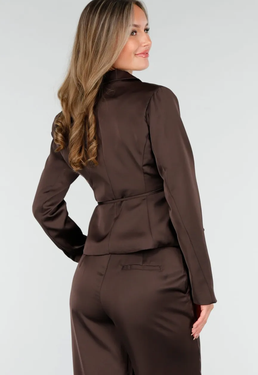 Donkerbruine Satijnlook Wrap Blazer met Striksluiting