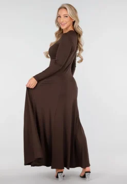 Donkerbruine Stretch Jurk met Lange Mouwen