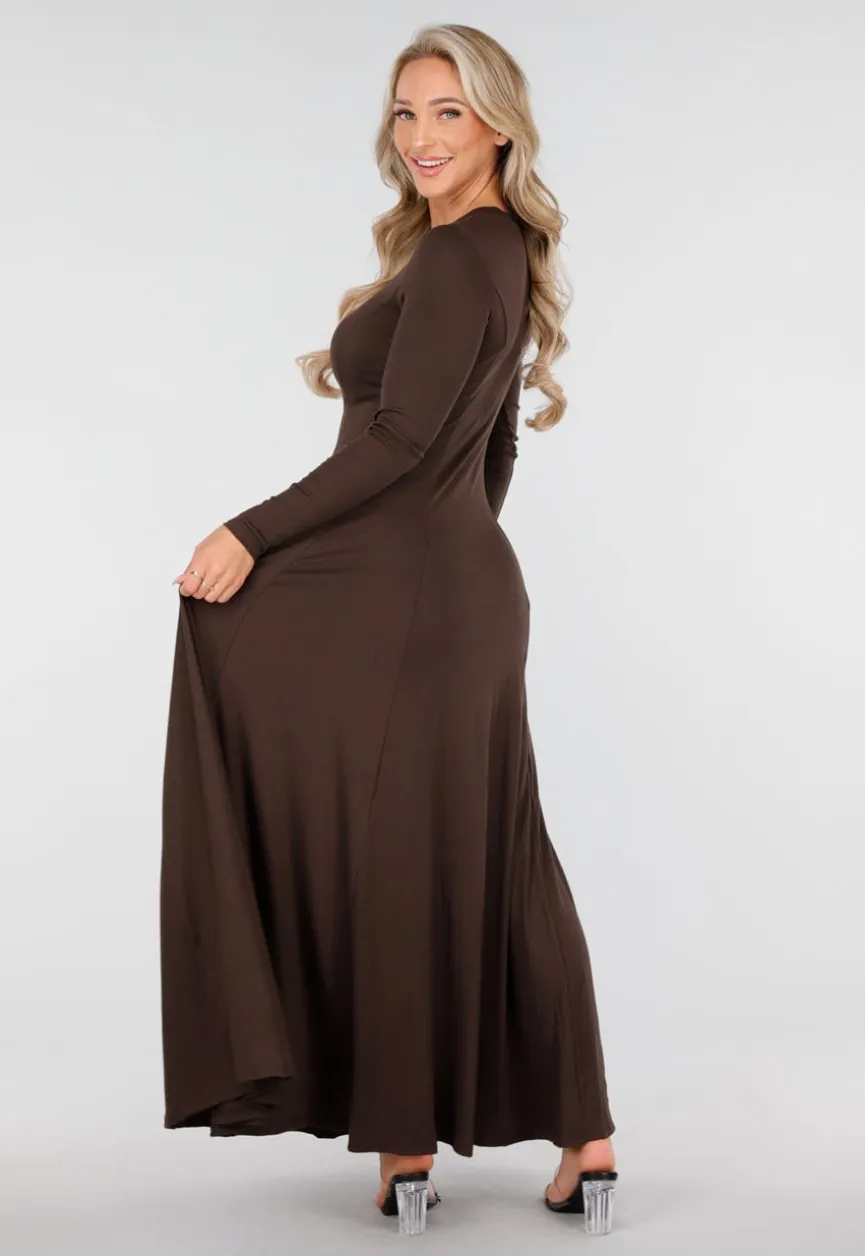 Donkerbruine Stretch Jurk met Lange Mouwen