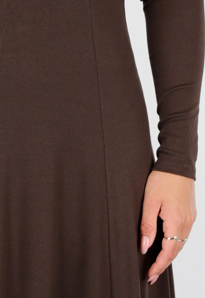 Donkerbruine Stretch Jurk met Lange Mouwen