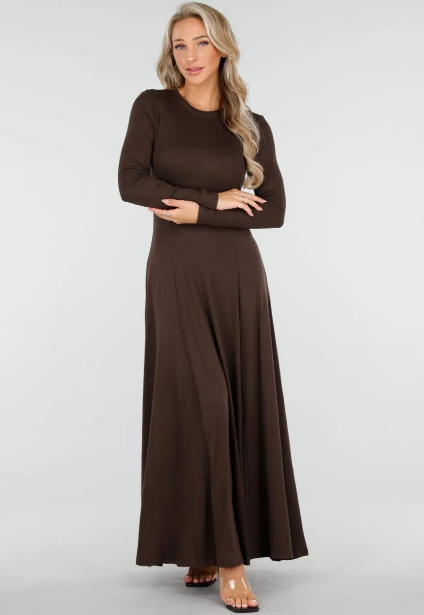 Donkerbruine Stretch Jurk met Lange Mouwen