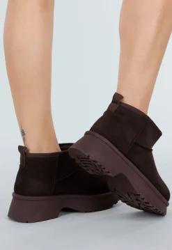 Donkerbruine Suède-look Snowboots met Platte Plateauzool