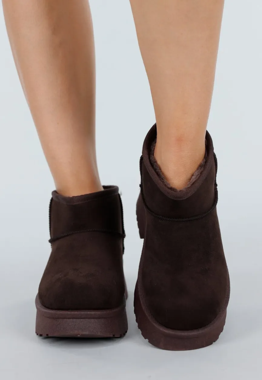 Donkerbruine Suède-look Snowboots met Platte Plateauzool