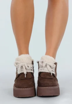 Donkerbruine Suède Sneakers met Plateauzool En Warme Voering