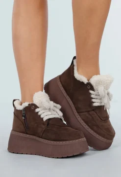 Donkerbruine Suède Sneakers met Plateauzool En Warme Voering