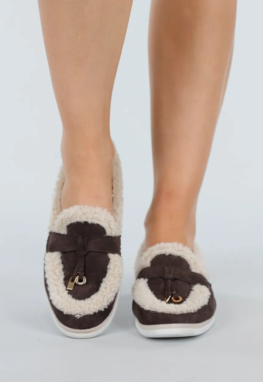 Donkerbruine Teddy Loafers met Goudkleurig Detail