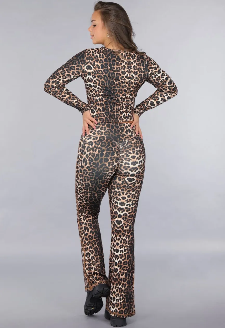 Donkere Leopard Print Stretch Set met Lange Mouwen