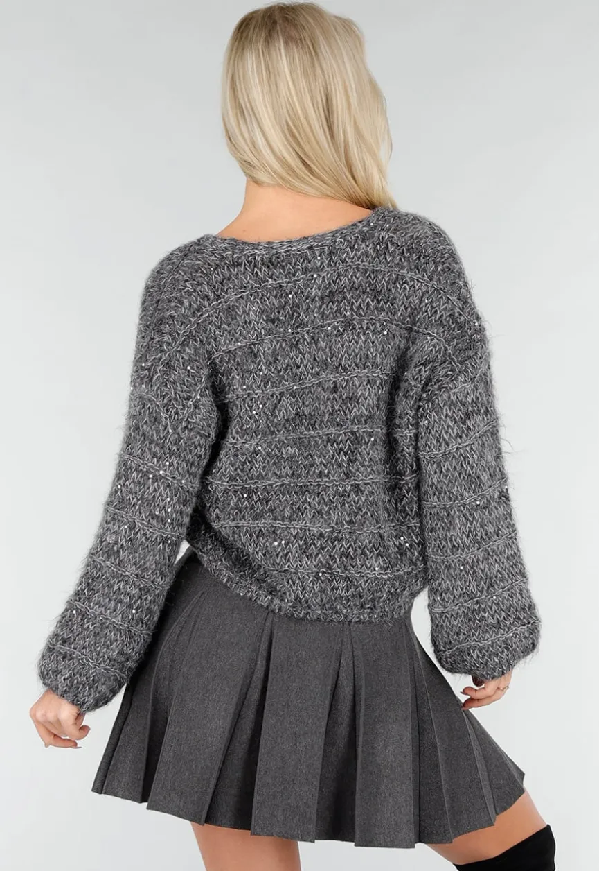 Donkergrijs Gebreid Vest met Strikknopen en Subtiele Glansdetails