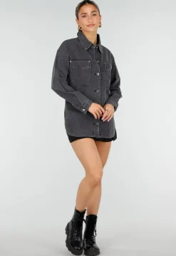 Donkergrijze Denim Blouse met Drukknoopsluiting en Lange Mouwen