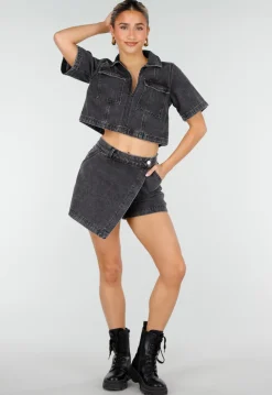 Donkergrijze Denim Set met Korte Mouw Crop Top en Skort