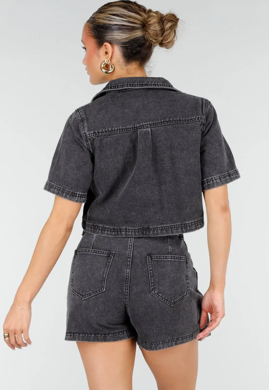 Donkergrijze Denim Set met Korte Mouw Crop Top en Skort