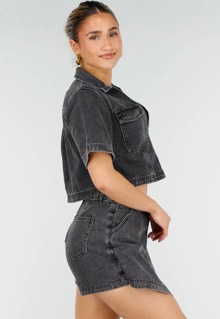 Donkergrijze Denim Set met Korte Mouw Crop Top en Skort