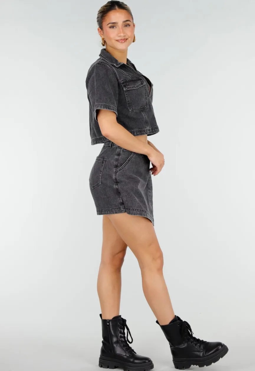 Donkergrijze Denim Set met Korte Mouw Crop Top en Skort