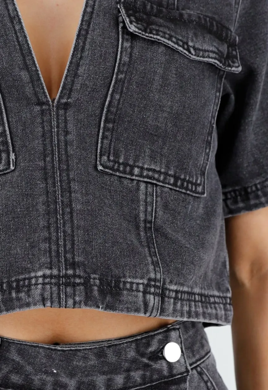 Donkergrijze Denim Set met Korte Mouw Crop Top en Skort