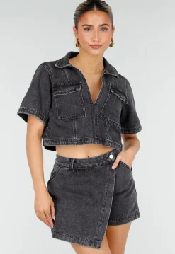 Donkergrijze Denim Set met Korte Mouw Crop Top en Skort