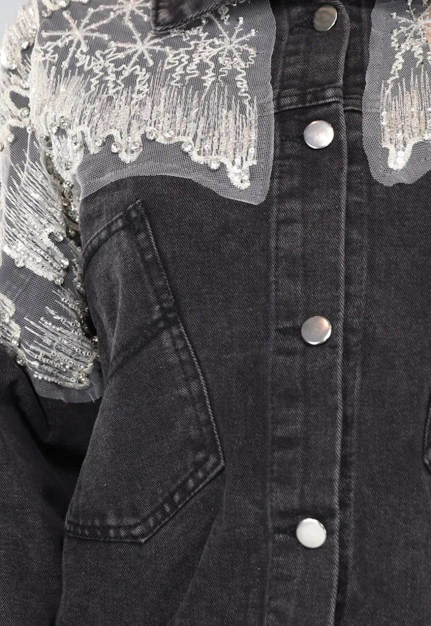 Donkergrijze Glitter Spijkerjas met Mesh