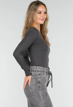 Donkergrijze One Shoulder Top met Lange Mouwen