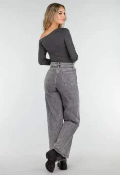 Donkergrijze One Shoulder Top met Lange Mouwen