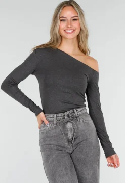 Donkergrijze One Shoulder Top met Lange Mouwen