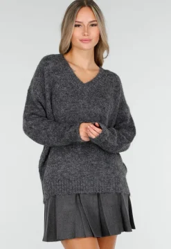 Donkergrijze Zachte Trui met V-Hals en Oversized Pasvorm