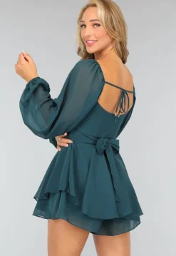 Donkergroene Chiffon Ruffle Playsuit met Strikdetail