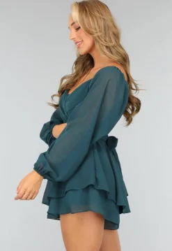 Donkergroene Chiffon Ruffle Playsuit met Strikdetail