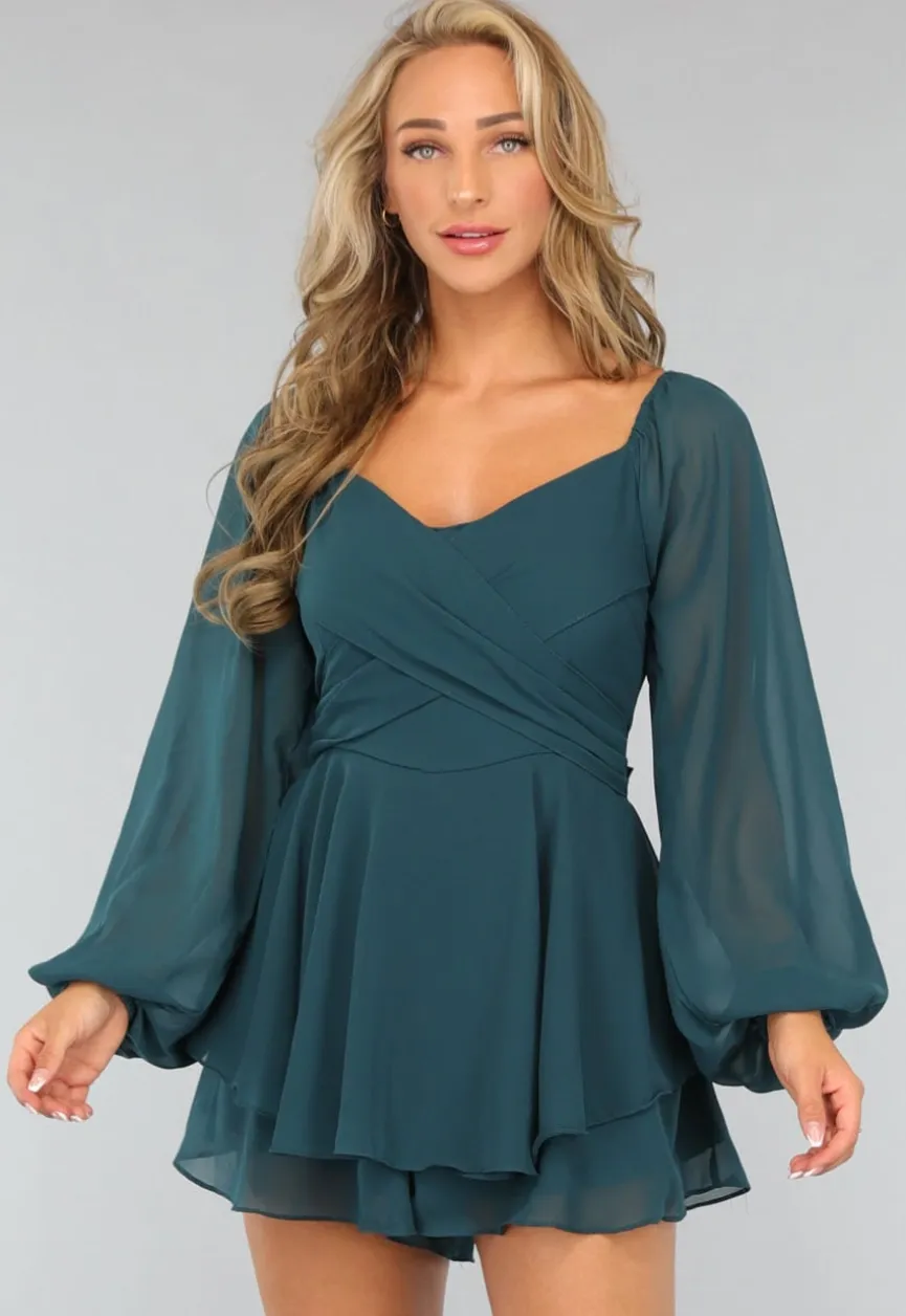 Donkergroene Chiffon Ruffle Playsuit met Strikdetail