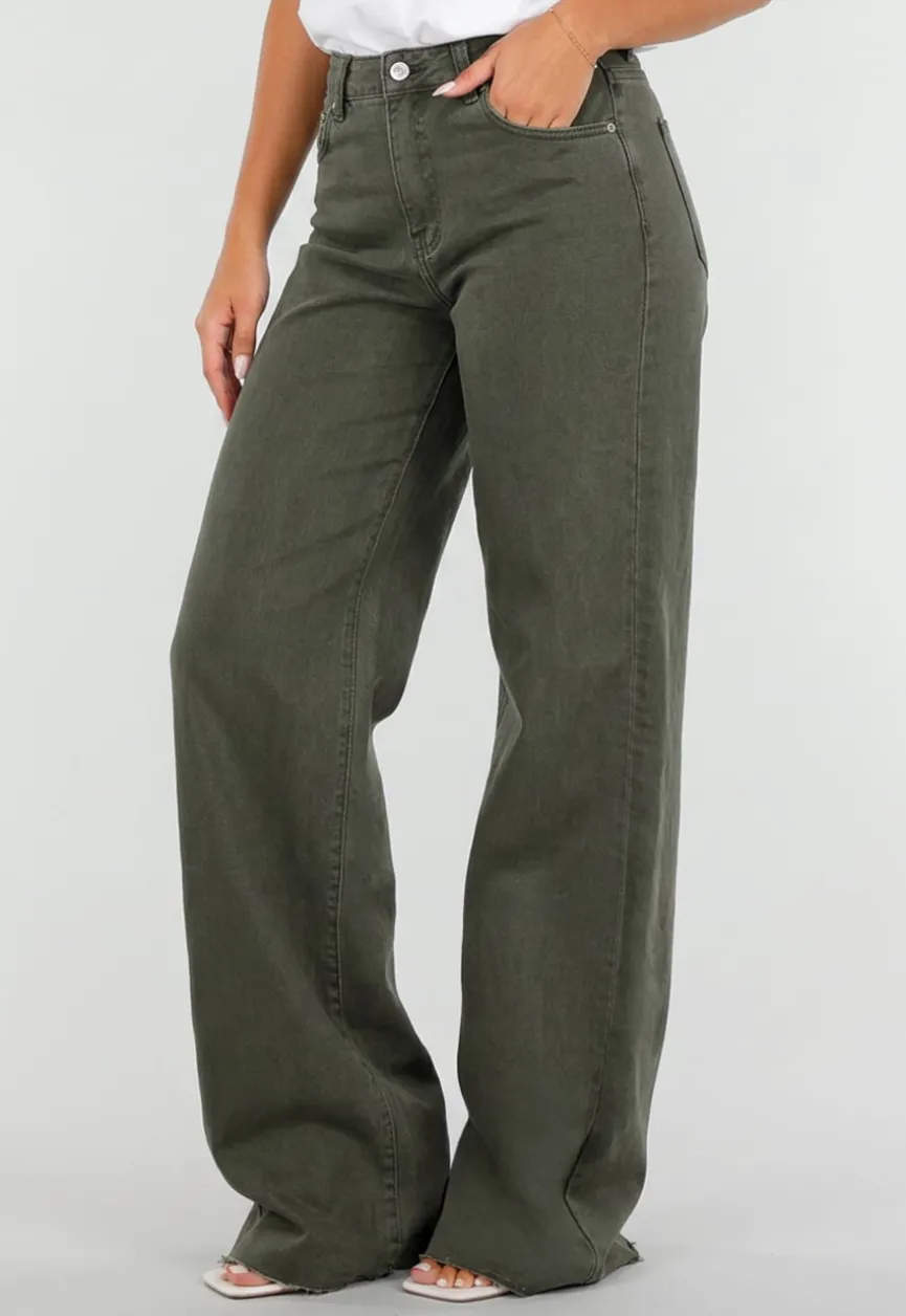 Donkergroene Denim Tall Jeans met Straight Leg, Hoge Taille en Lange Pijpen