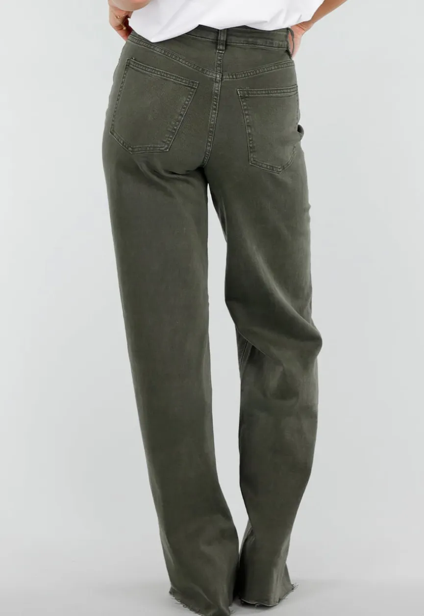 Donkergroene Denim Tall Jeans met Straight Leg, Hoge Taille en Lange Pijpen