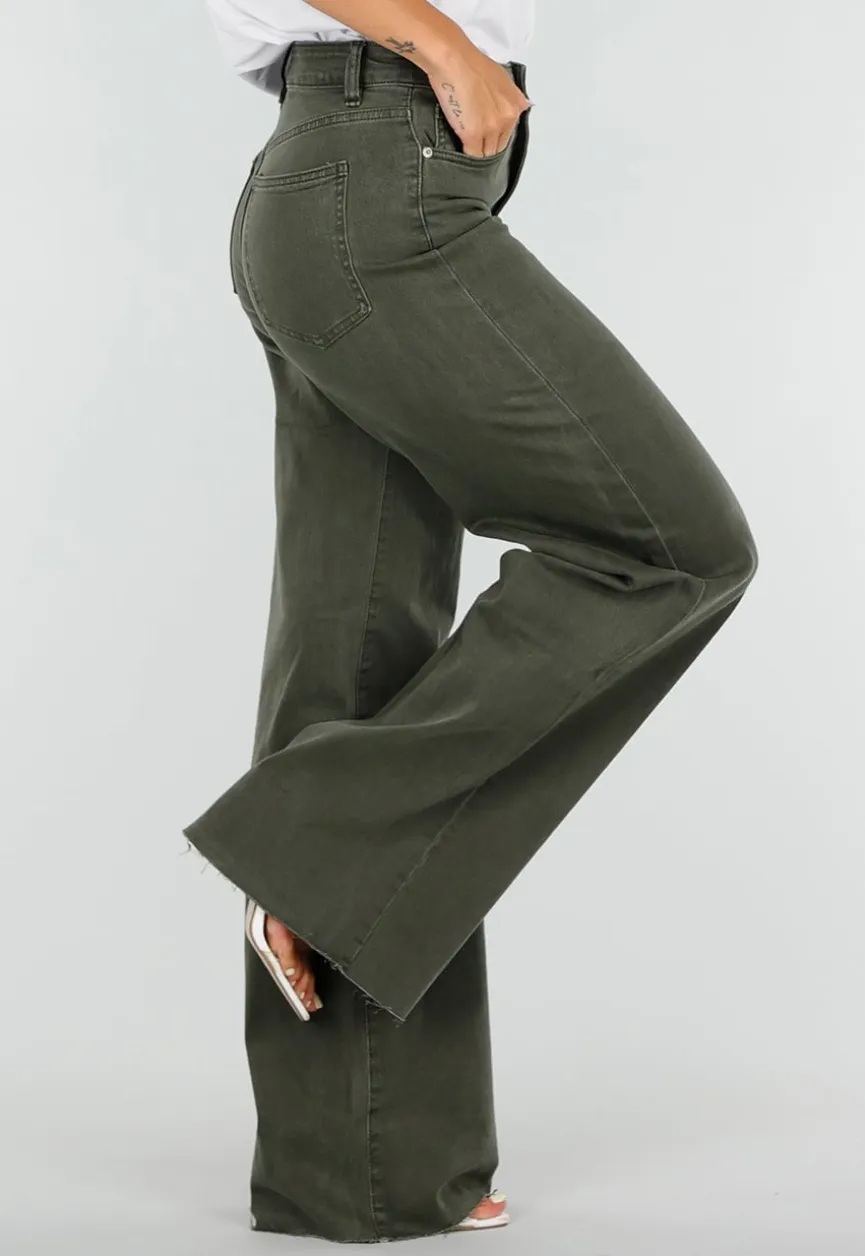 Donkergroene Denim Tall Jeans met Straight Leg, Hoge Taille en Lange Pijpen