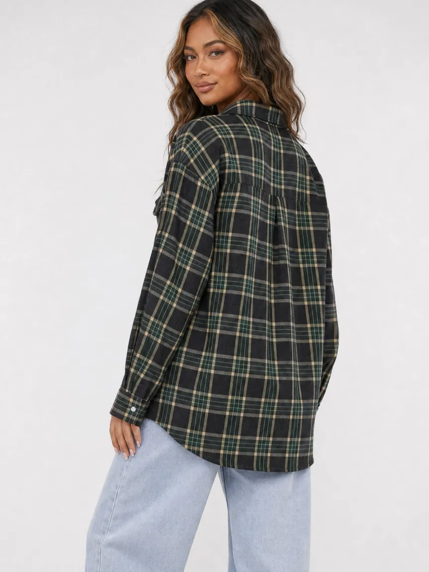 Donkergroene Geruite Blouse met Lange Mouwen en Borstzak