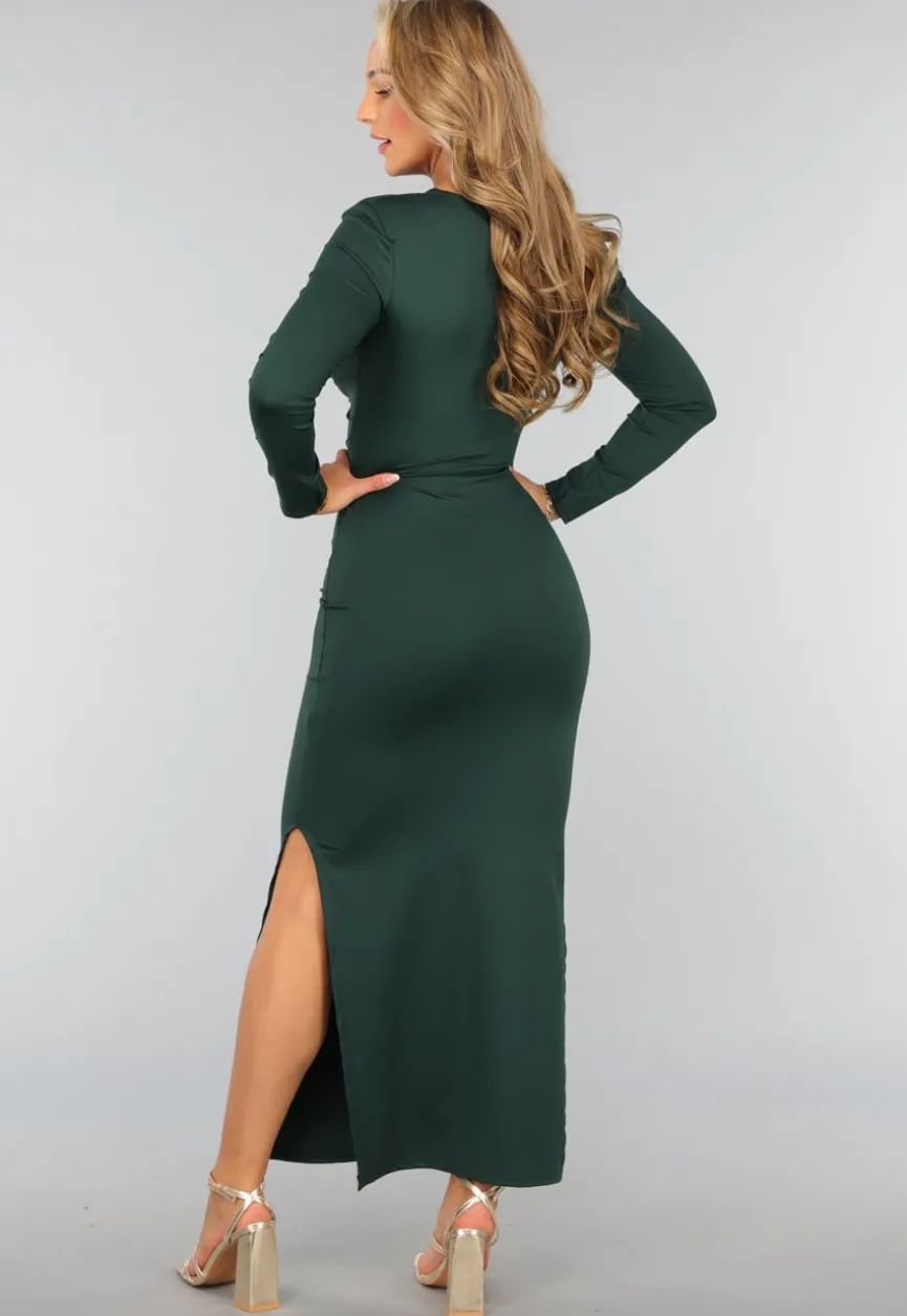 Donkergroene Lange Jurk met Schoudervulling
