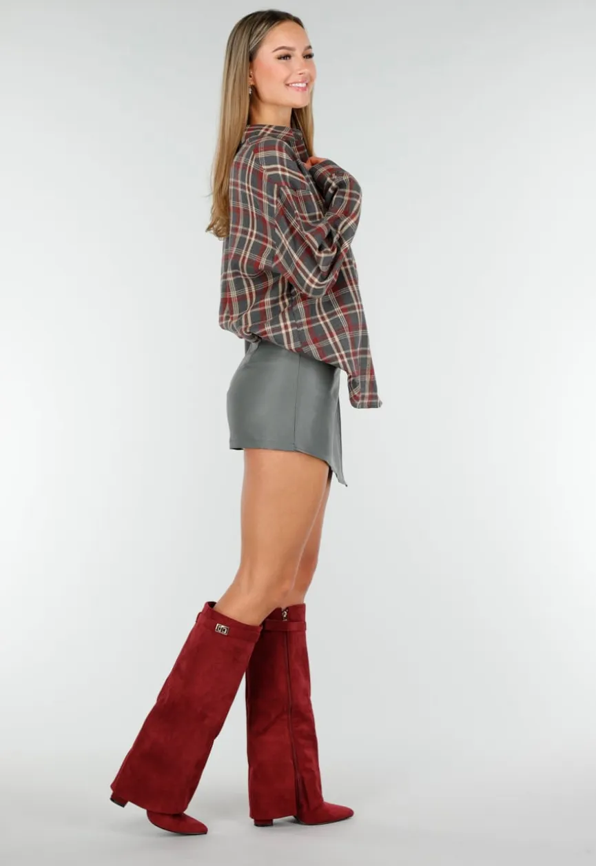 Donkergroene Lederlook Asymmetrische Skort met Schuine Overslag