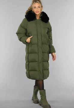 Donkergroene Oversized Puffer Jas met Bontkraag