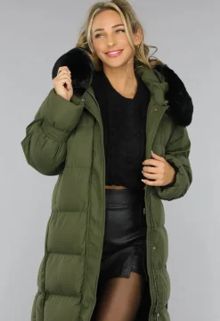 Donkergroene Oversized Puffer Jas met Bontkraag