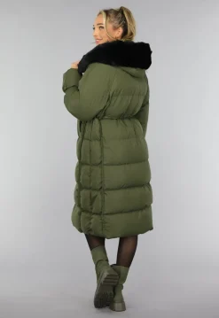 Donkergroene Oversized Puffer Jas met Bontkraag