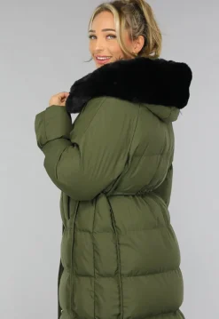 Donkergroene Oversized Puffer Jas met Bontkraag