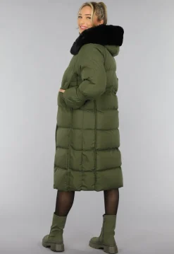 Donkergroene Oversized Puffer Jas met Bontkraag
