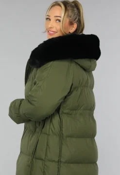 Donkergroene Oversized Puffer Jas met Bontkraag