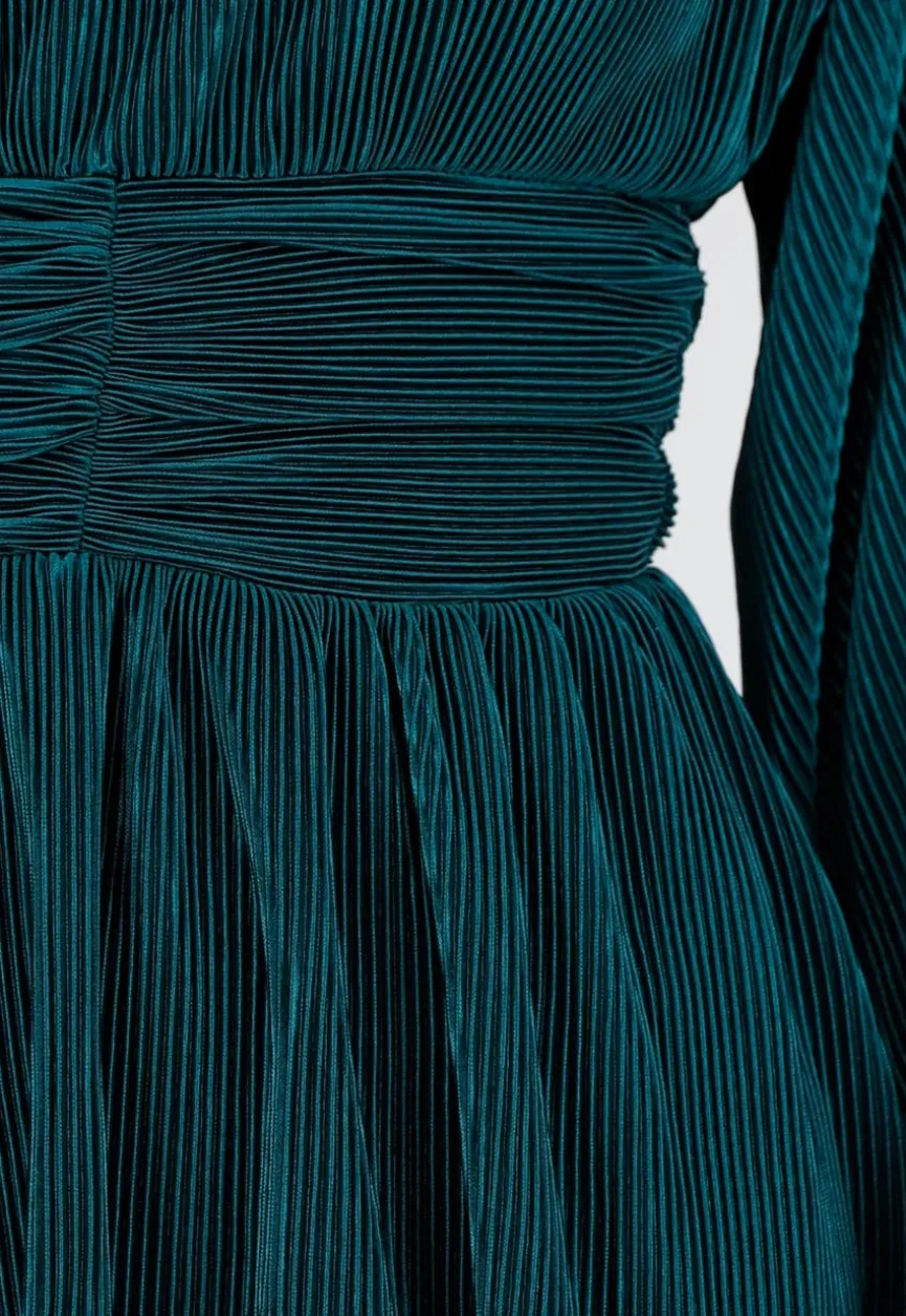 Donkergroene Plissé Jurk met Wijde Mouwen en Gerimpelde Taille