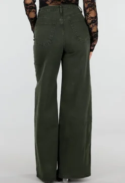 Donkergroene Wide Leg Jeans met Hoge Taille en Lichte Stretch