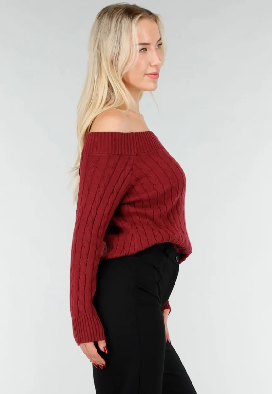 Donkerroze Off Shoulder Trui met Kabelpatroon en Brede Halsrand