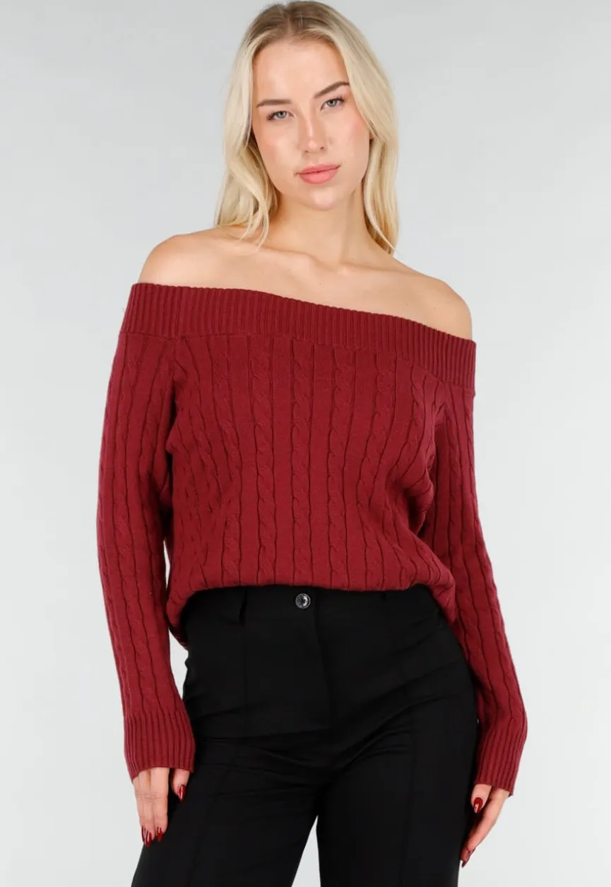 Donkerroze Off Shoulder Trui met Kabelpatroon en Brede Halsrand